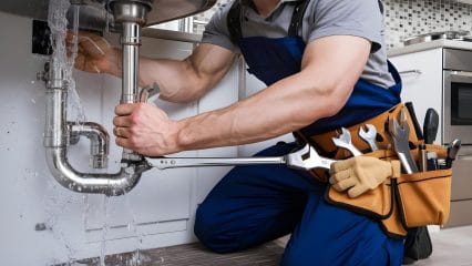 Plumber repairing pipes beneath a sink in Torrance